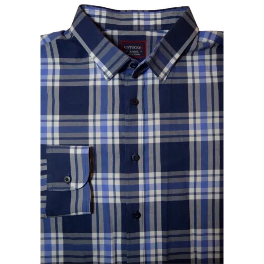 UNTUCKit Mens Check Navy Sky Blue White Plaid Button Front Casual Shirt Medium